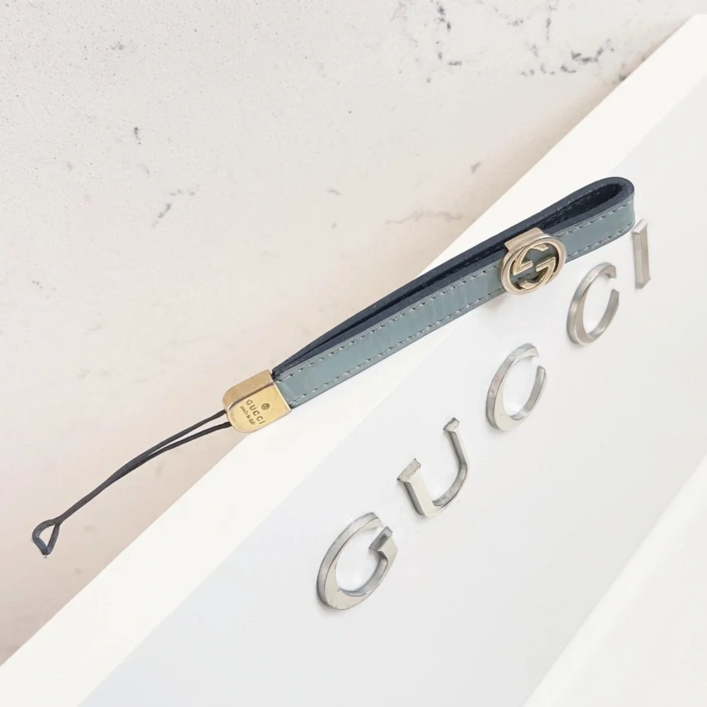 Authentic Gucci Tiffany Blue Patent Leather GG Logo Lanyard / Keychain